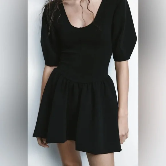 Zara Black Corset Fit & Flare Dress Puff Sleeve Size M - Picture 9 of 9